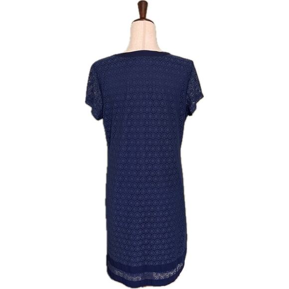 Isaac Mizrahi Live Lace Overlay Shift Dress Navy Blue Short Sleeve Women’s sz M - Picture 2 of 11